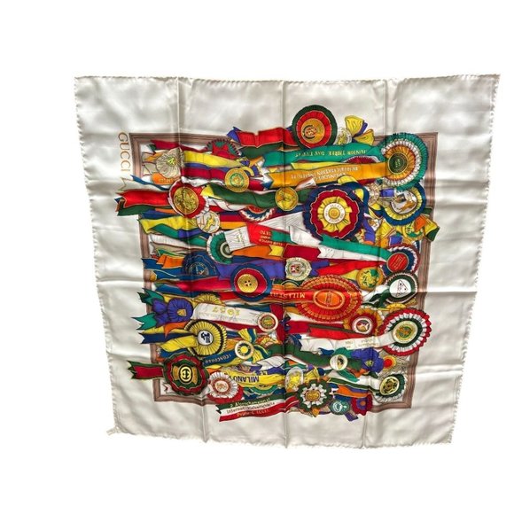 GUCCI " concorso ippico": Multicolor Silk, Logo Scarf #L028 - Picture 2 of 12